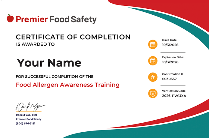 Food Allergen Awareness Training certificate